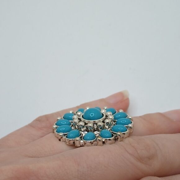 CHUNKY silver turquoise flower mandala boho ring - Picture 4 of 8